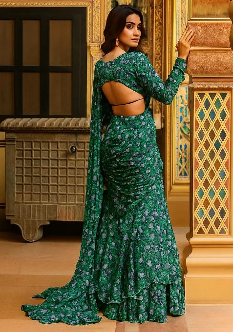Green Printed Chiffon Pre Draped Saree Set