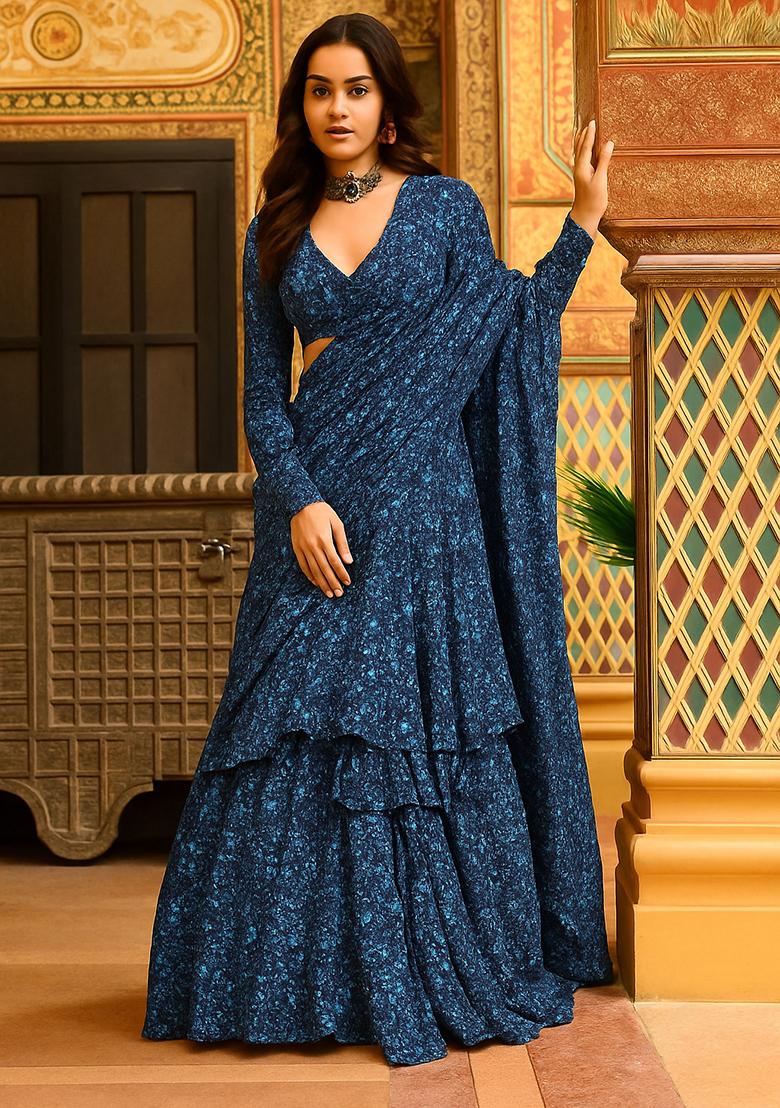 Blue Printed Crepe Pre Draped Saree Set