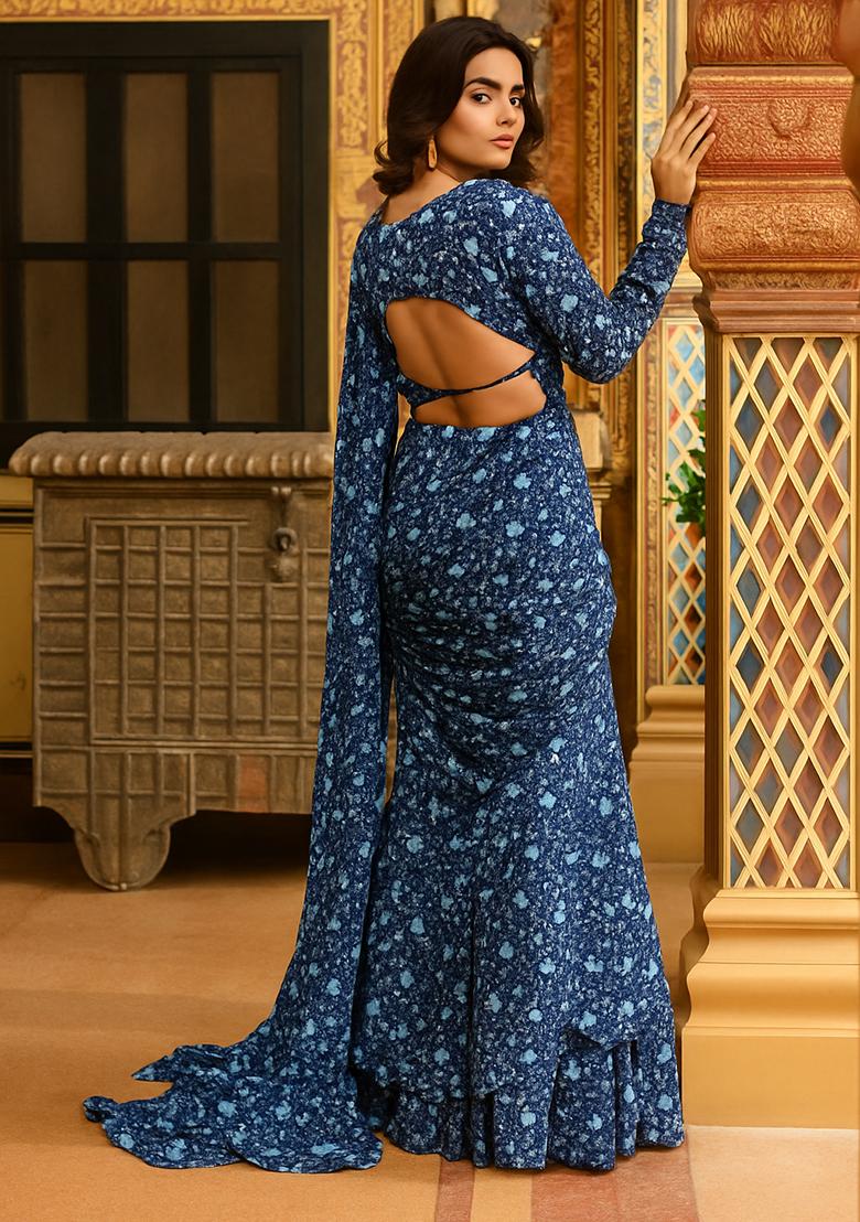 Blue Printed Crepe Pre Draped Saree Set