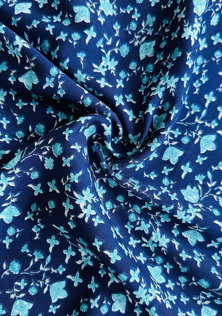 Blue Printed Crepe Pre Draped Saree Set