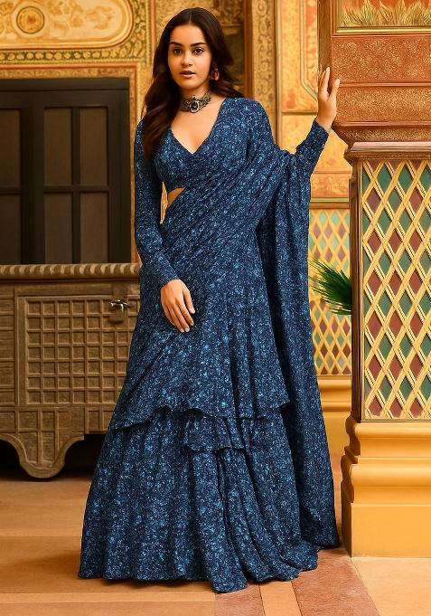Blue Printed Crepe Pre Draped Saree Set