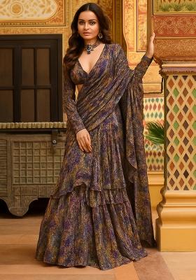 Brown Printed Chiffon Pre Draped Saree Set