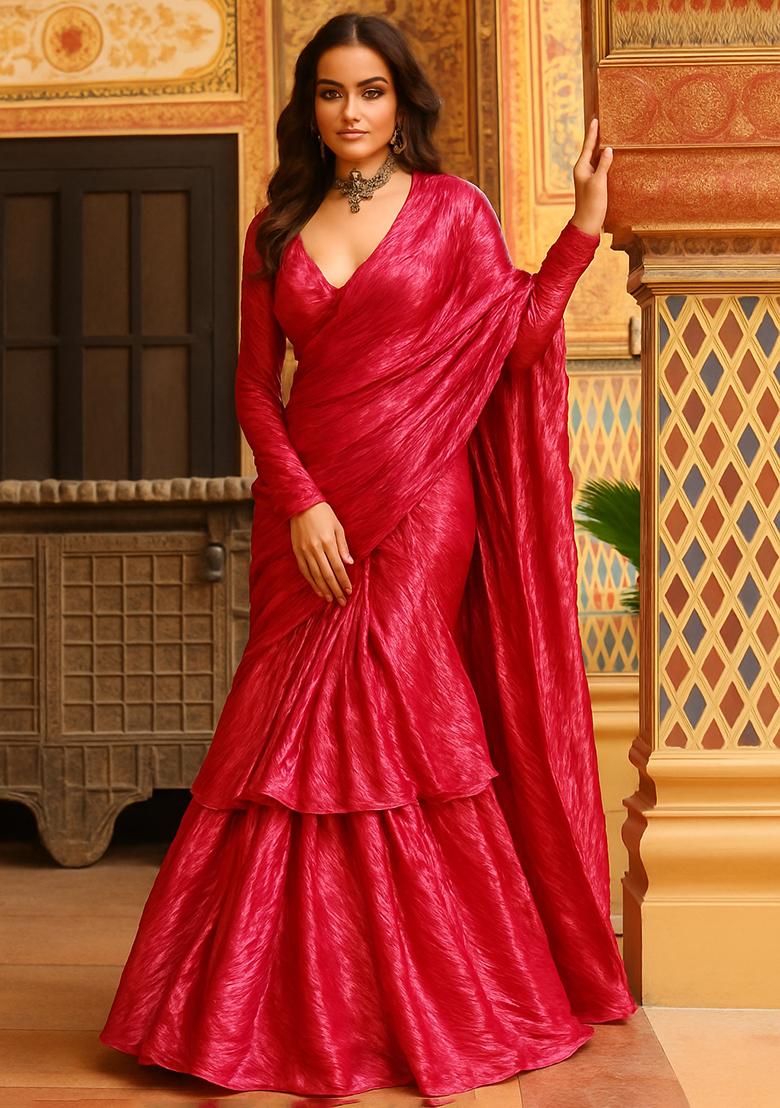 Pink Solid Georgette Pre Draped Saree Set