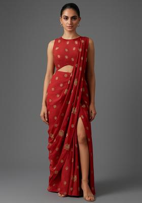 Red Embroidered Silk Pre Draped Saree Set