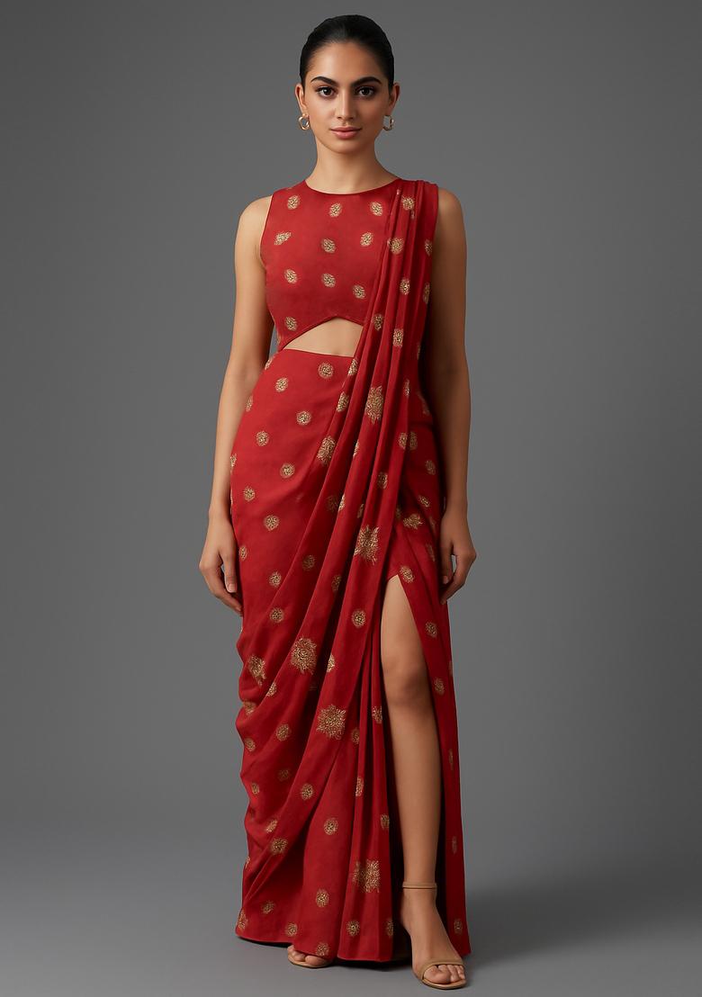 Red Embroidered Silk Pre Draped Saree Set - Indya