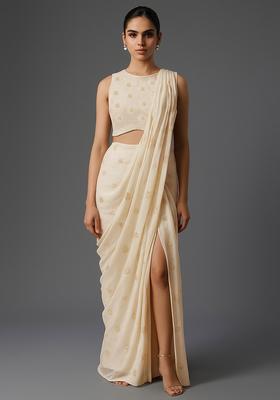 Cream Embroidered Organza Pre Draped Saree Set