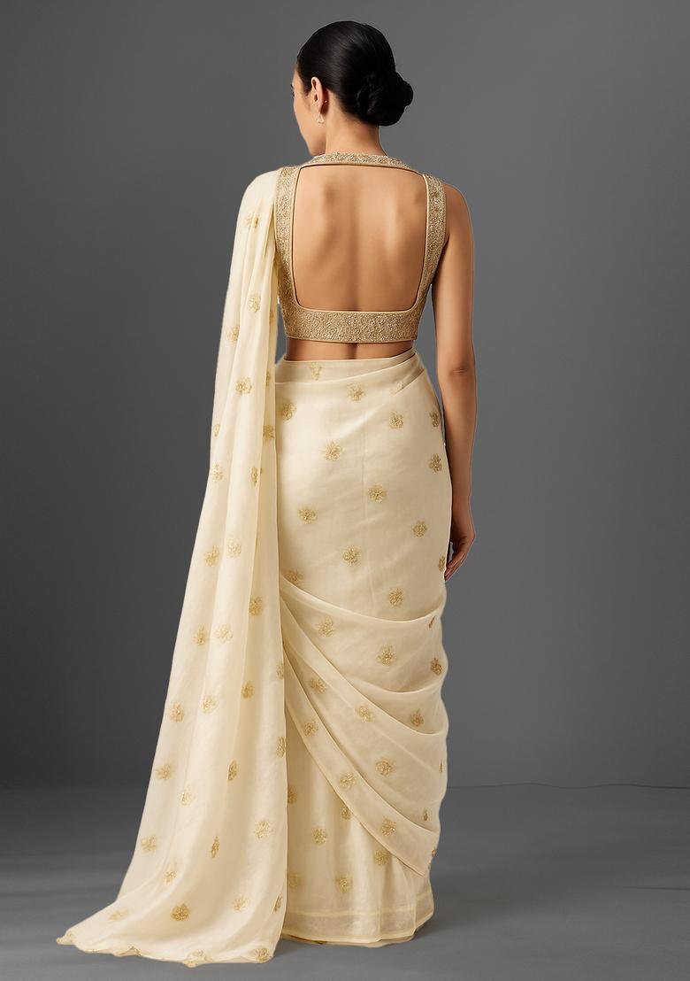 Cream Embroidered Organza Pre Draped Saree Set - Indya