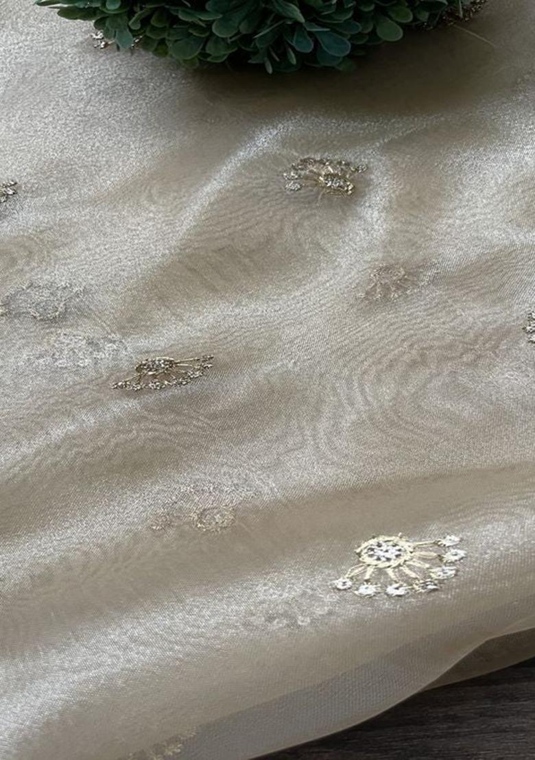 Cream Embroidered Organza Pre Draped Saree Set - Indya