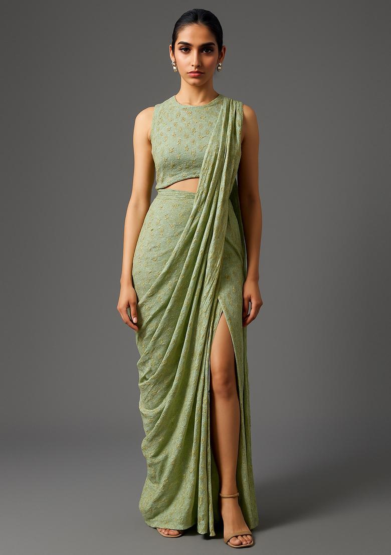 Green Embroidered Satin Pre Draped Saree Set