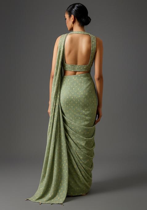 Green Embroidered Satin Pre Draped Saree Set