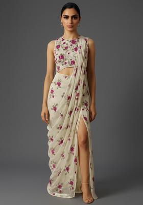 Off White Embroidered Organza Pre Draped Saree Set