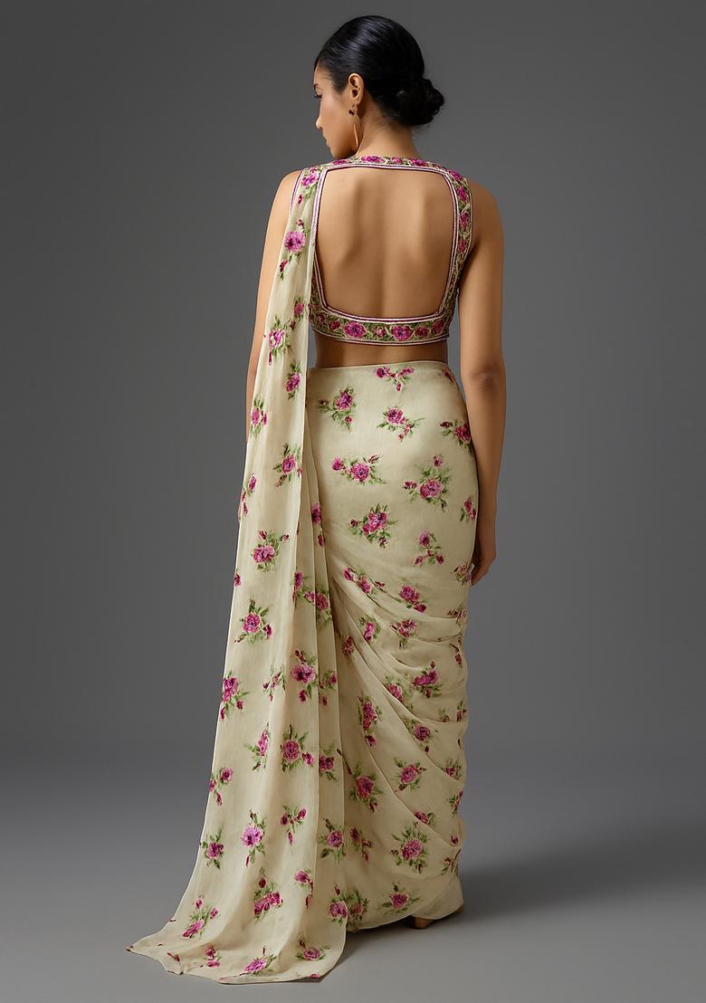 Off White Embroidered Organza Pre Draped Saree Set - Indya