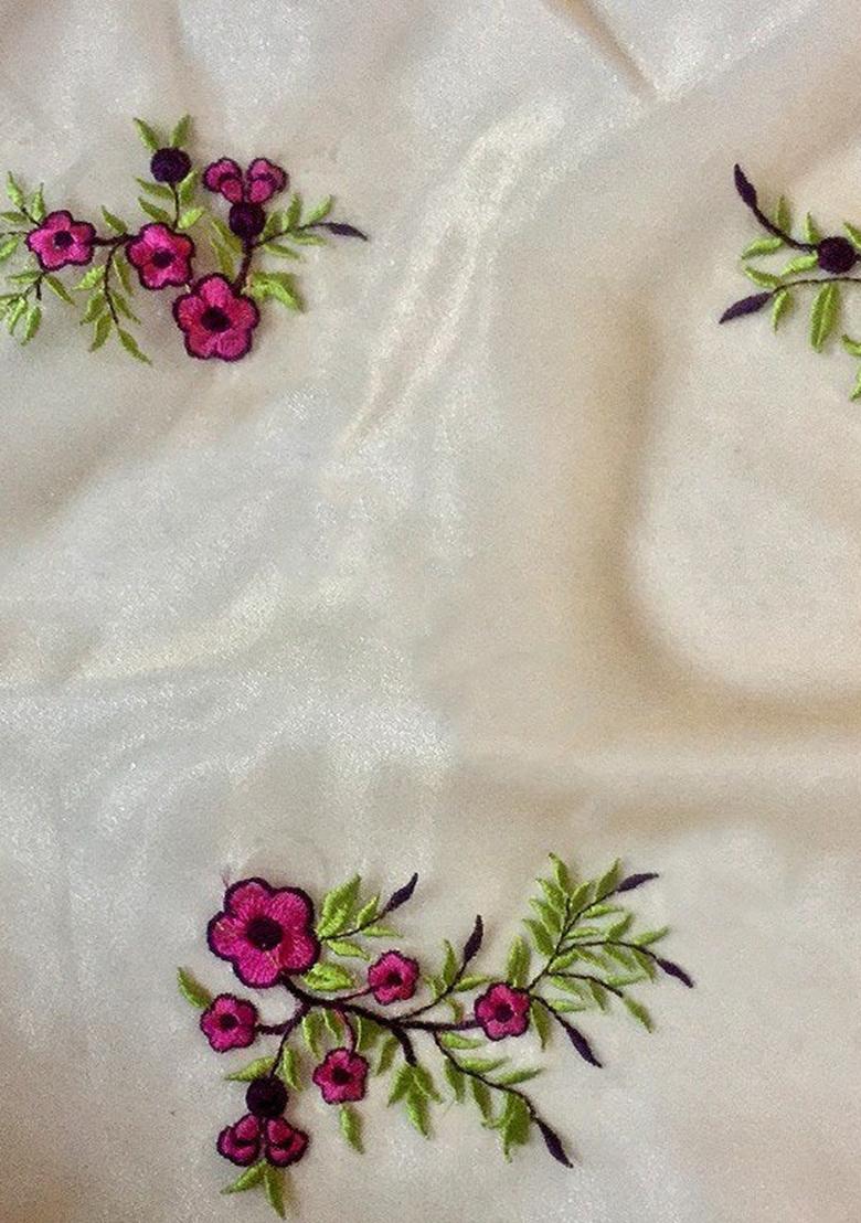 Off White Embroidered Organza Pre Draped Saree Set - Indya