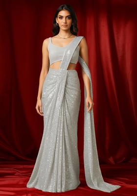 Silver Sequin Net Pre Draped Saree Set