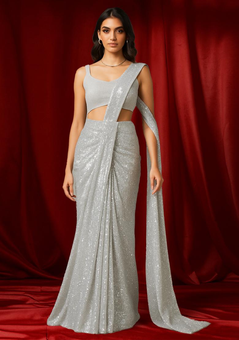 Silver Sequin Net Pre Draped Saree Set