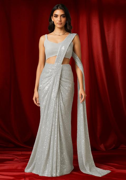 Silver Sequin Net Pre Draped Saree Set