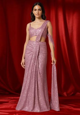 Pink Sequin Net Pre Draped Saree Set