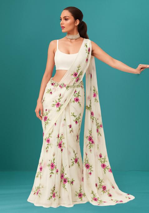 Off White Embroidered Organza Pre Draped Saree Set