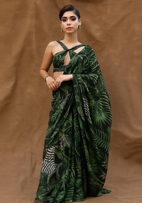Dark Green Printed Georgette Pre Draped Saree Set
