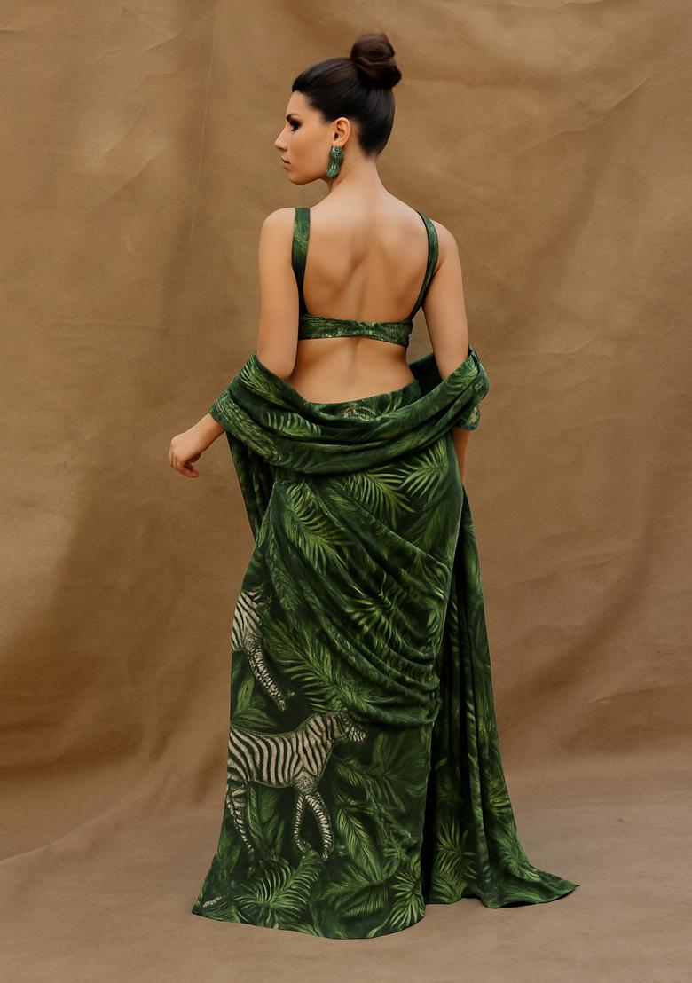 Dark Green Printed Georgette Pre Draped Saree Set - Indya