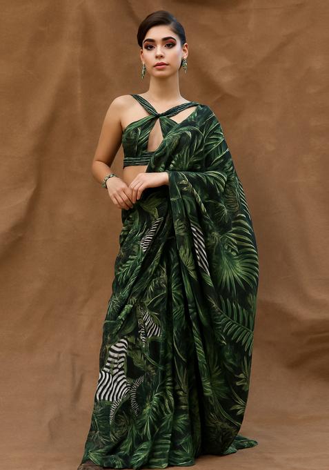 Dark Green Printed Georgette Pre Draped Saree Set
