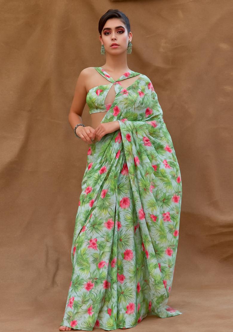 Sage Green Printed Georgette Pre Draped Saree Set - Indya