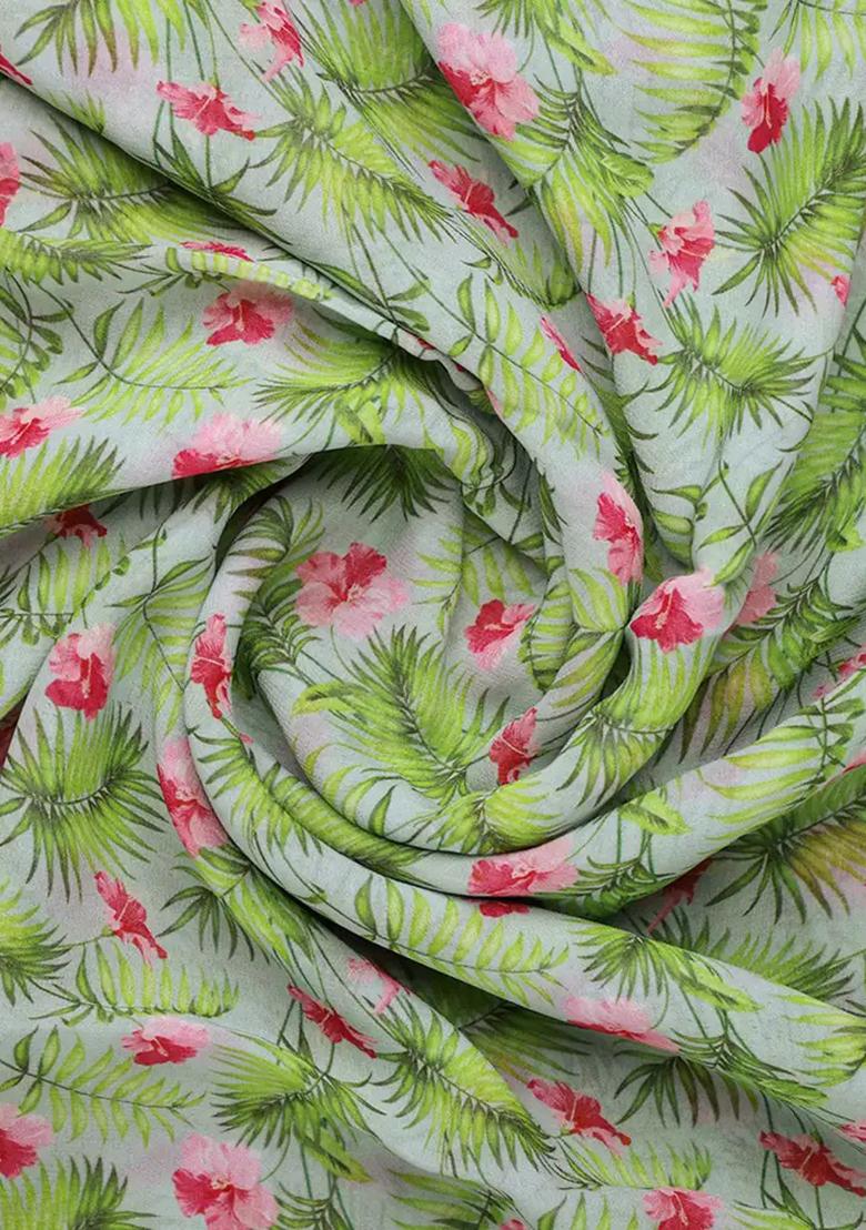 Sage Green Printed Georgette Pre Draped Saree Set - Indya