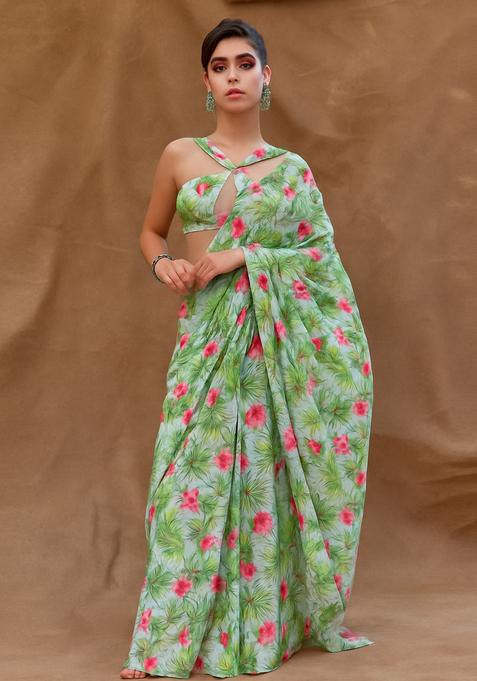 Sage Green Printed Georgette Pre Draped Saree Set