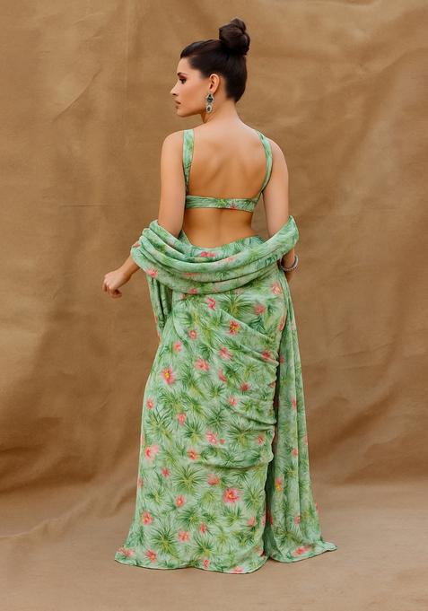 Sage Green Printed Georgette Pre Draped Saree Set