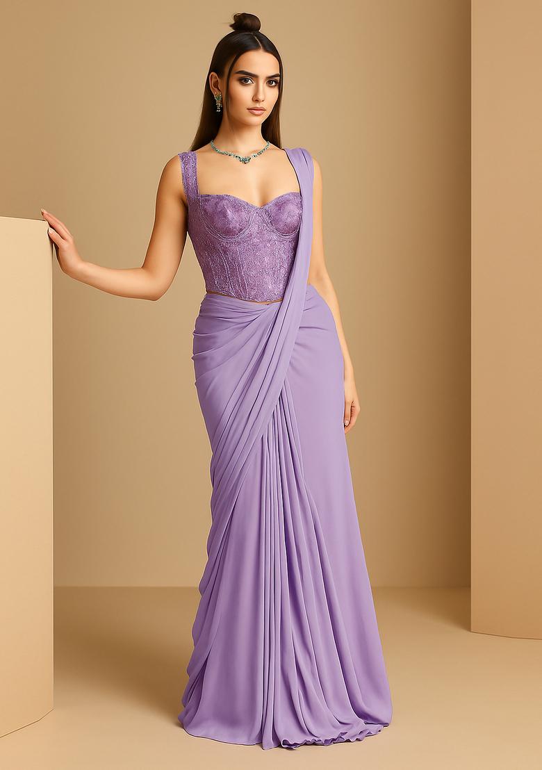 Lavender Printed Organza Pre Draped Saree Set - Indya