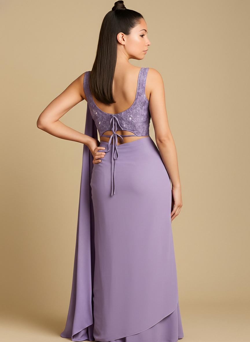 Lavender Printed Organza Pre Draped Saree Set