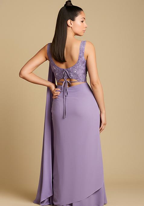 Lavender Printed Organza Pre Draped Saree Set