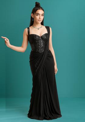 Black Foil Printed Organza Pre Draped Saree Set