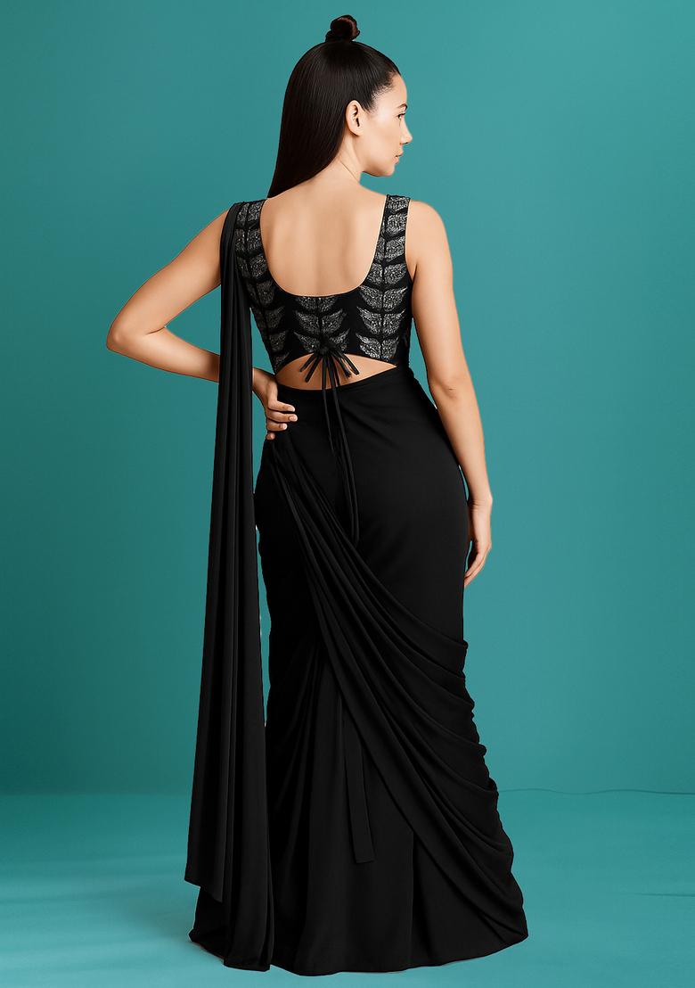 Black Foil Printed Organza Pre Draped Saree Set - Indya