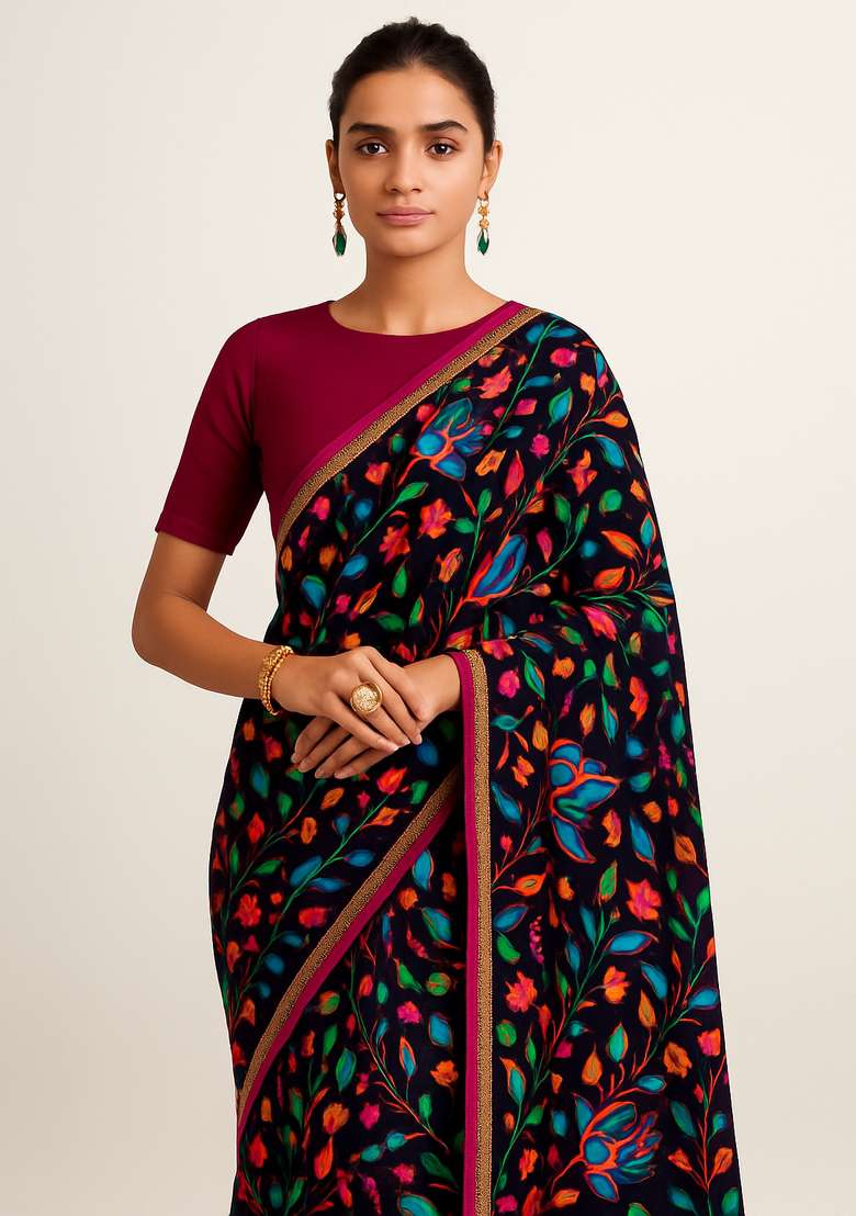 Multicolor Printed Rayon Pre Draped Saree Set - Indya