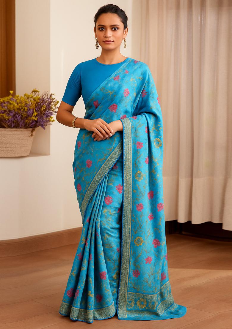 Blue Zari Work Silk Pre Draped Saree Set