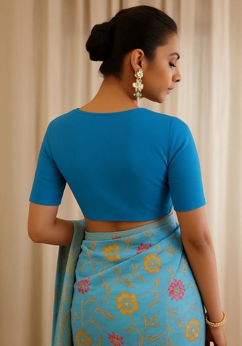 Blue Zari Work Silk Pre Draped Saree Set