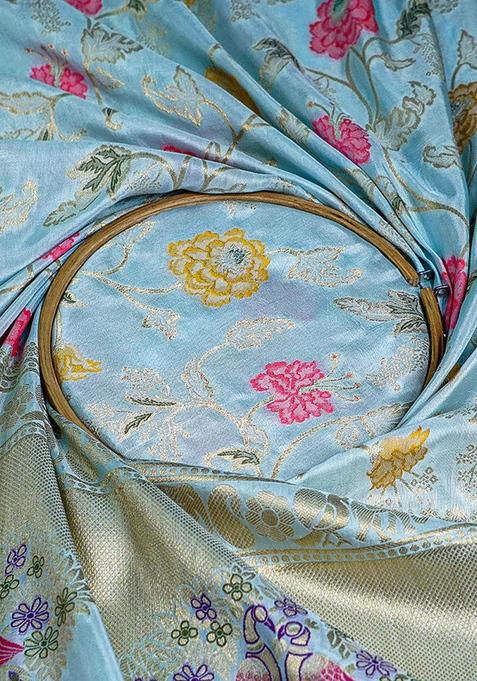 Blue Zari Work Silk Pre Draped Saree Set