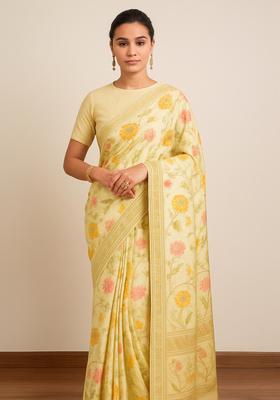 Yellow Zari Work Silk Pre Draped Saree Set