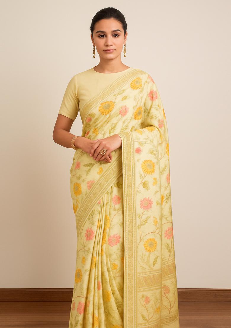 Yellow Zari Work Silk Pre Draped Saree Set