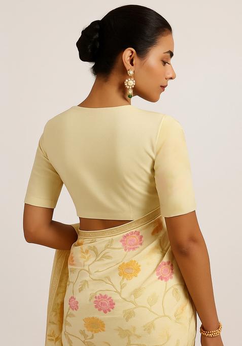 Yellow Zari Work Silk Pre Draped Saree Set