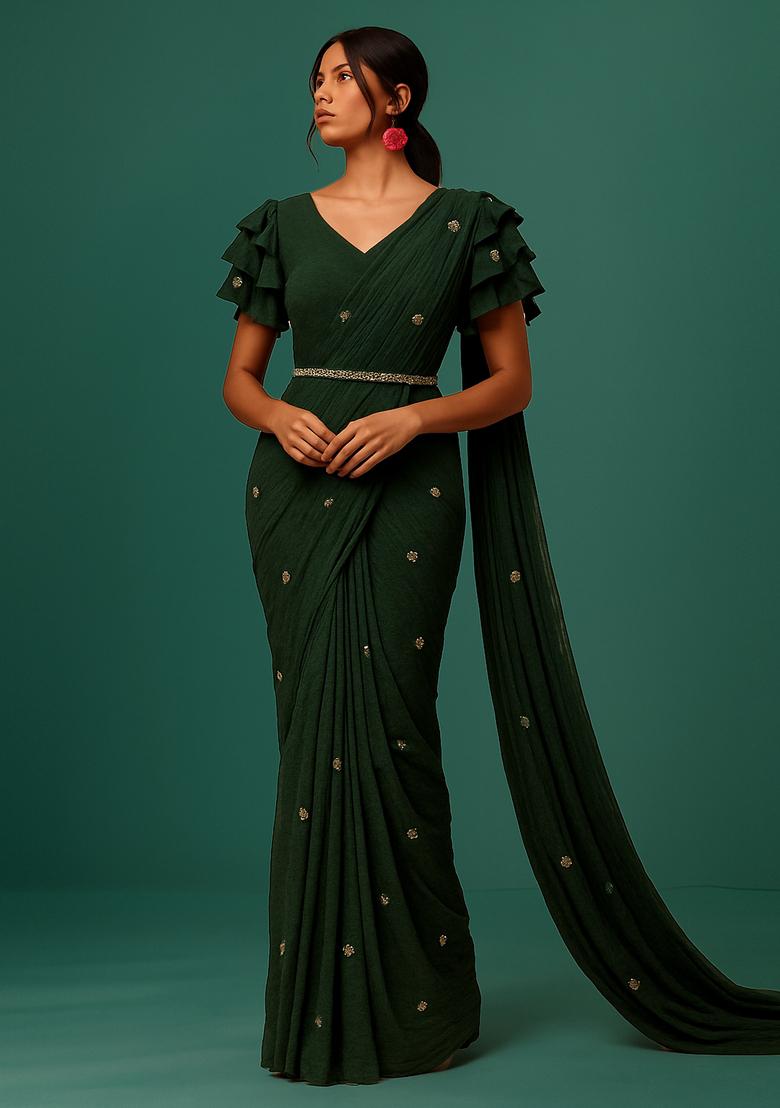 Green Sequin Tissue Pre Draped Saree Set