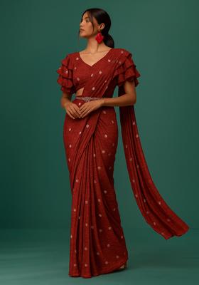 Maroon Beaded Tissue Pre Draped Saree Set