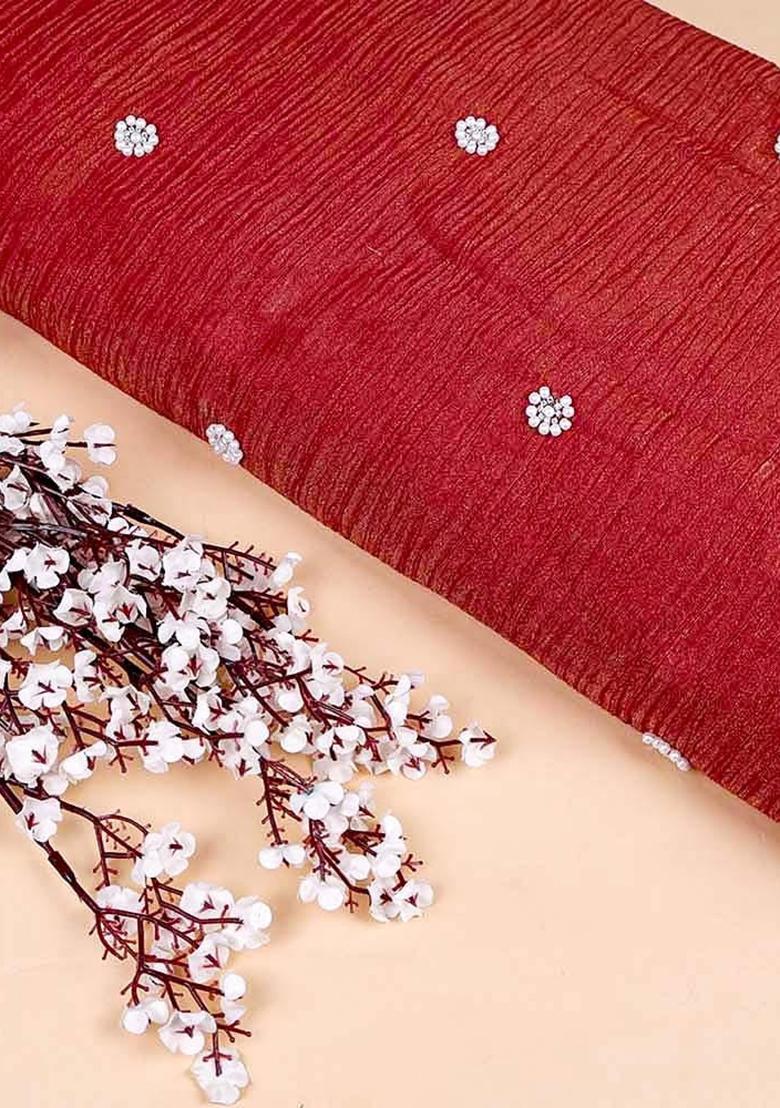 Maroon Beaded Tissue Pre Draped Saree Set