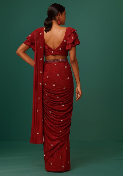 Maroon Beaded Tissue Pre Draped Saree Set