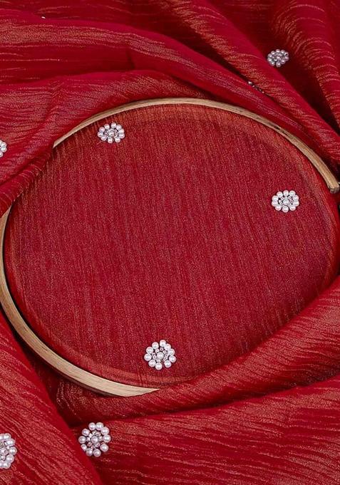 Maroon Beaded Tissue Pre Draped Saree Set