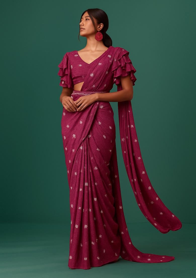 Wine Beaded Tissue Pre Draped Saree Set