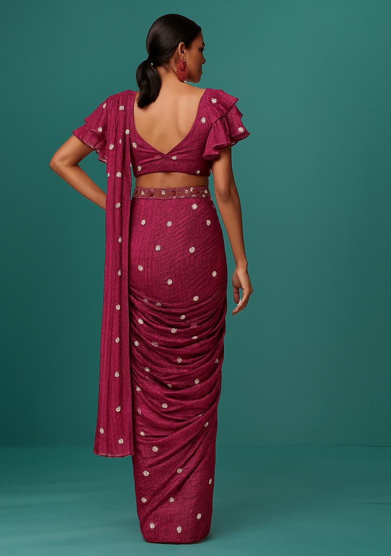 Wine Beaded Tissue Pre Draped Saree Set