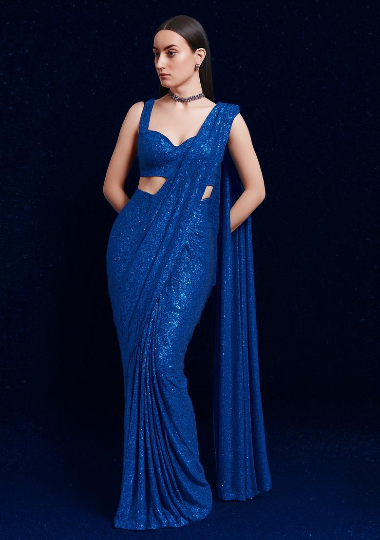 Blue Sequin Georgette Pre Draped Saree Set