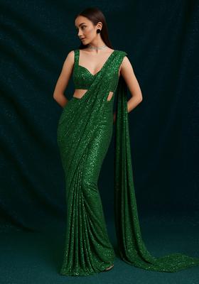Green Sequin Georgette Pre Draped Saree Set